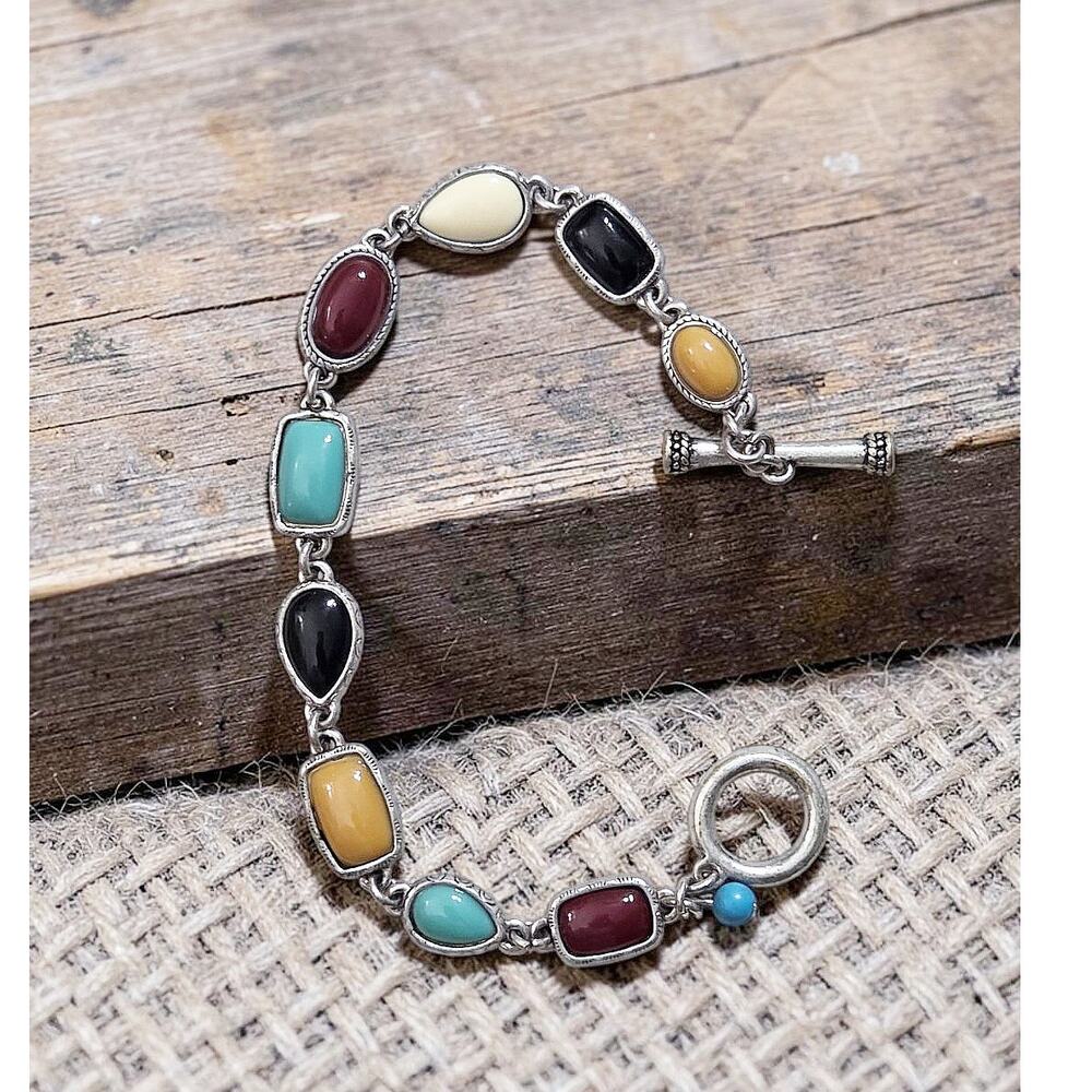 Boho Bohemian Style Mutli Color Silver Metal Bracelet Engraved 8"